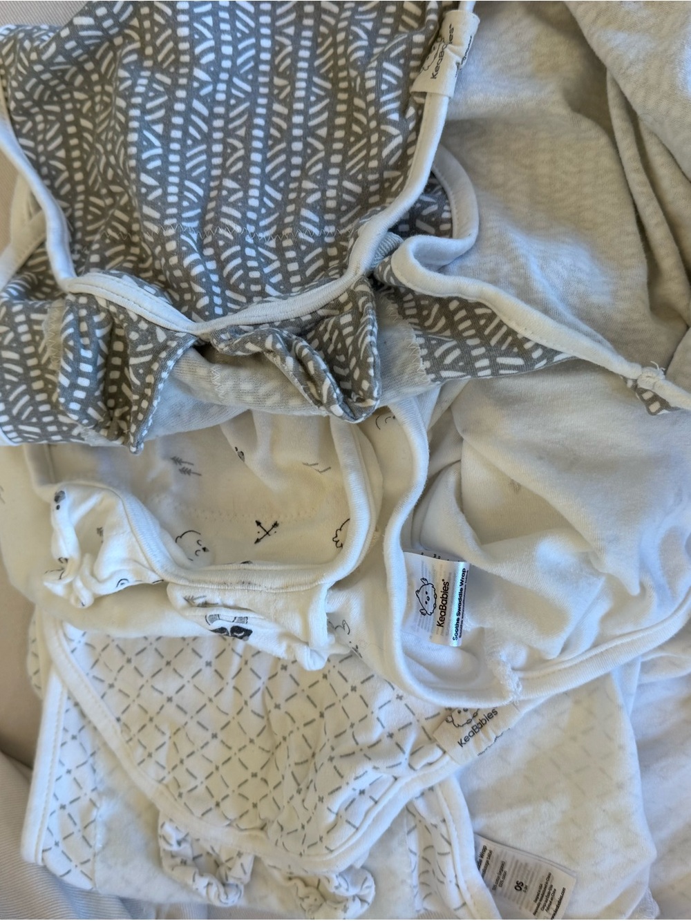 White/ grey kea babies Velcro swaddles